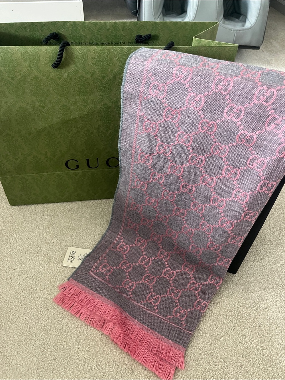 Gucci Pink & Gray GG Monogram Wool Scarf with Fringe